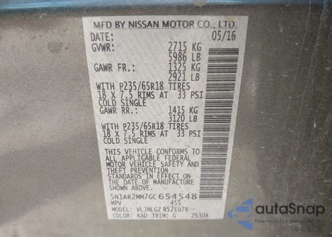 2016 Nissan Pathfinder Sl from USA, damaged, VIN 5N1AR2MM7GC654548
